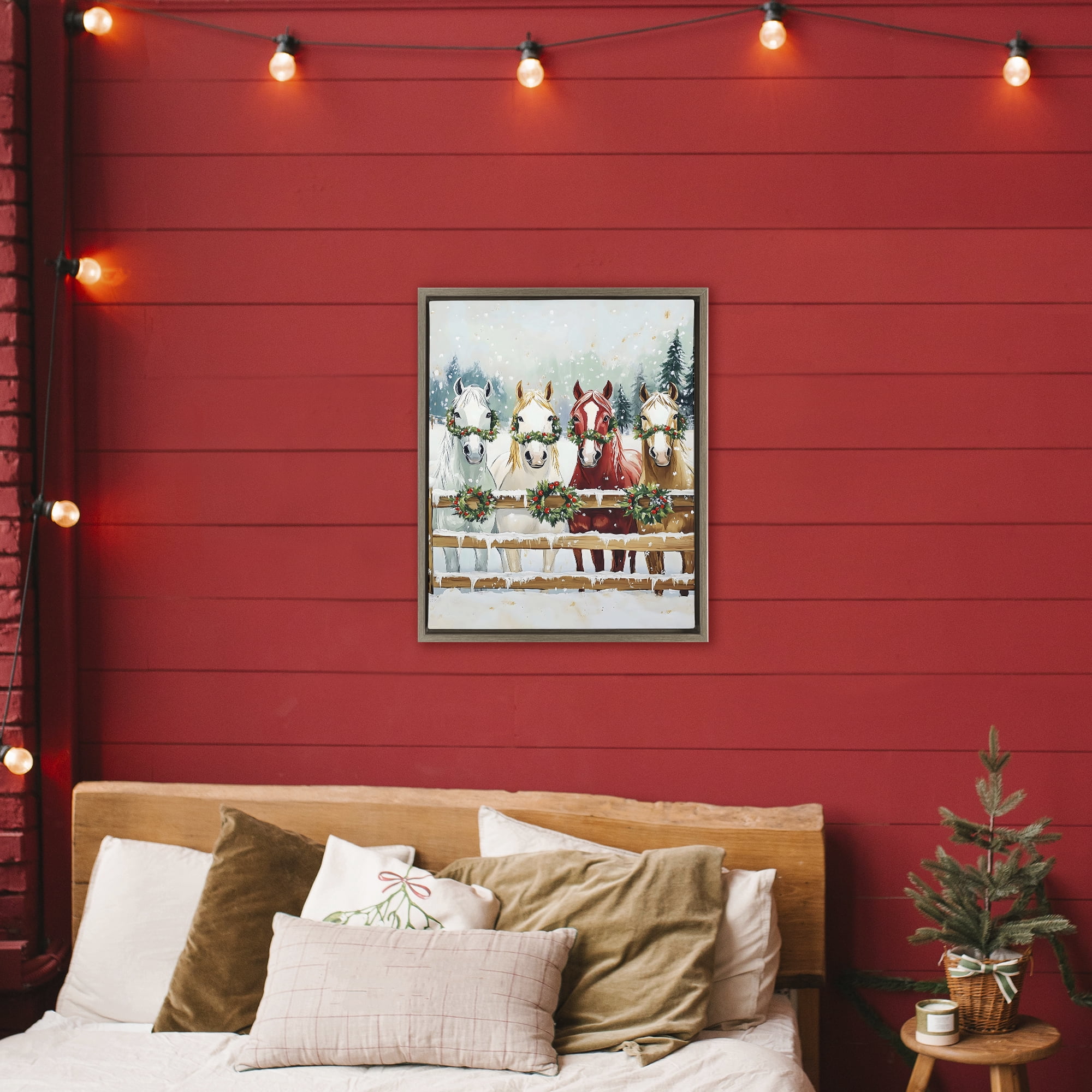 Stupell Industries Christmas Horses with Holly Wreaths Brown Framed Floater Canvas Wall Art, design by The Prints Vibe