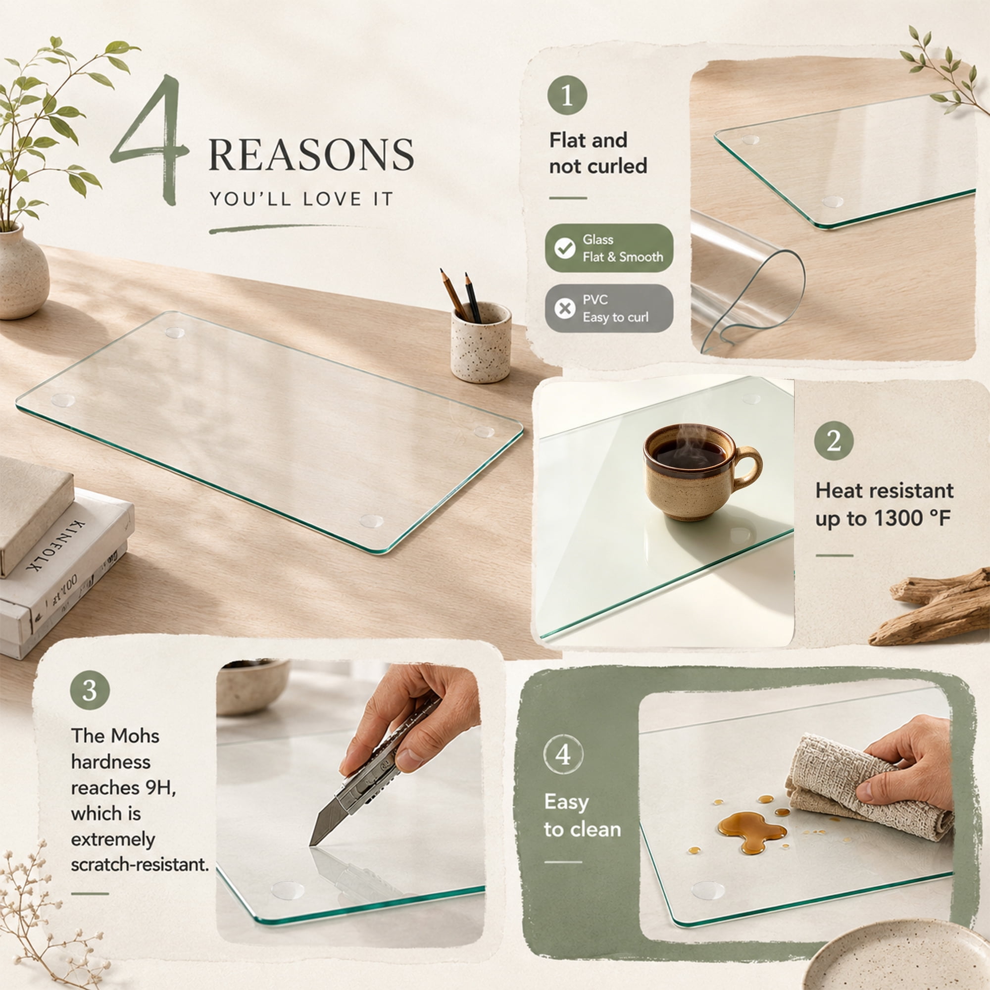 20 x 32 Inch Clear Tempered Glass Table Mat, Anti-Slip Desk Protector, Scratch & Heat Resistant, Polished Edge, Multi-Purpose Glass Pad for Home Office