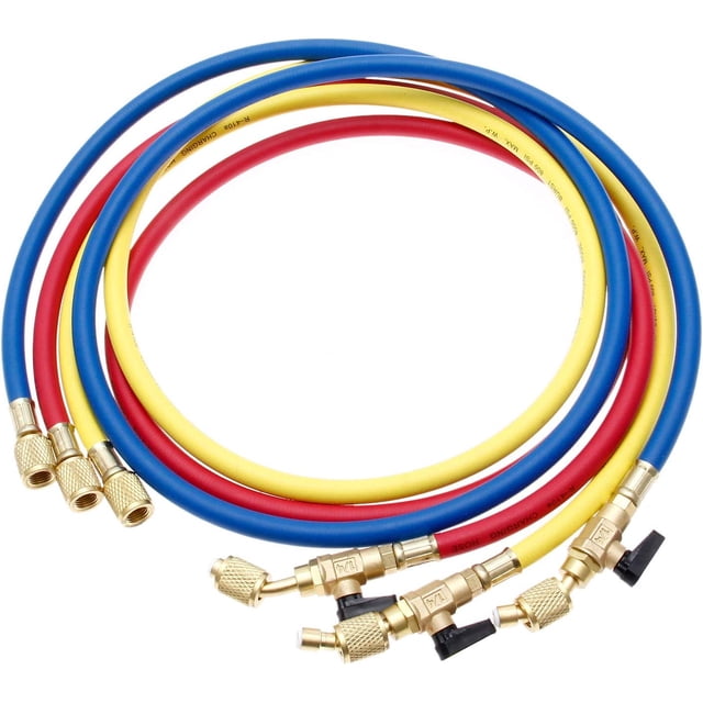 Refrigerant Charging Hose with Ball Valves for R410A R134A R12 R22 R502 R404 Refrigerant Charging Hoses HVAC, 1/4'' SAE HVAC Manifold Hose Set 800 PSI Red/Yellow/Blue (3pcs)