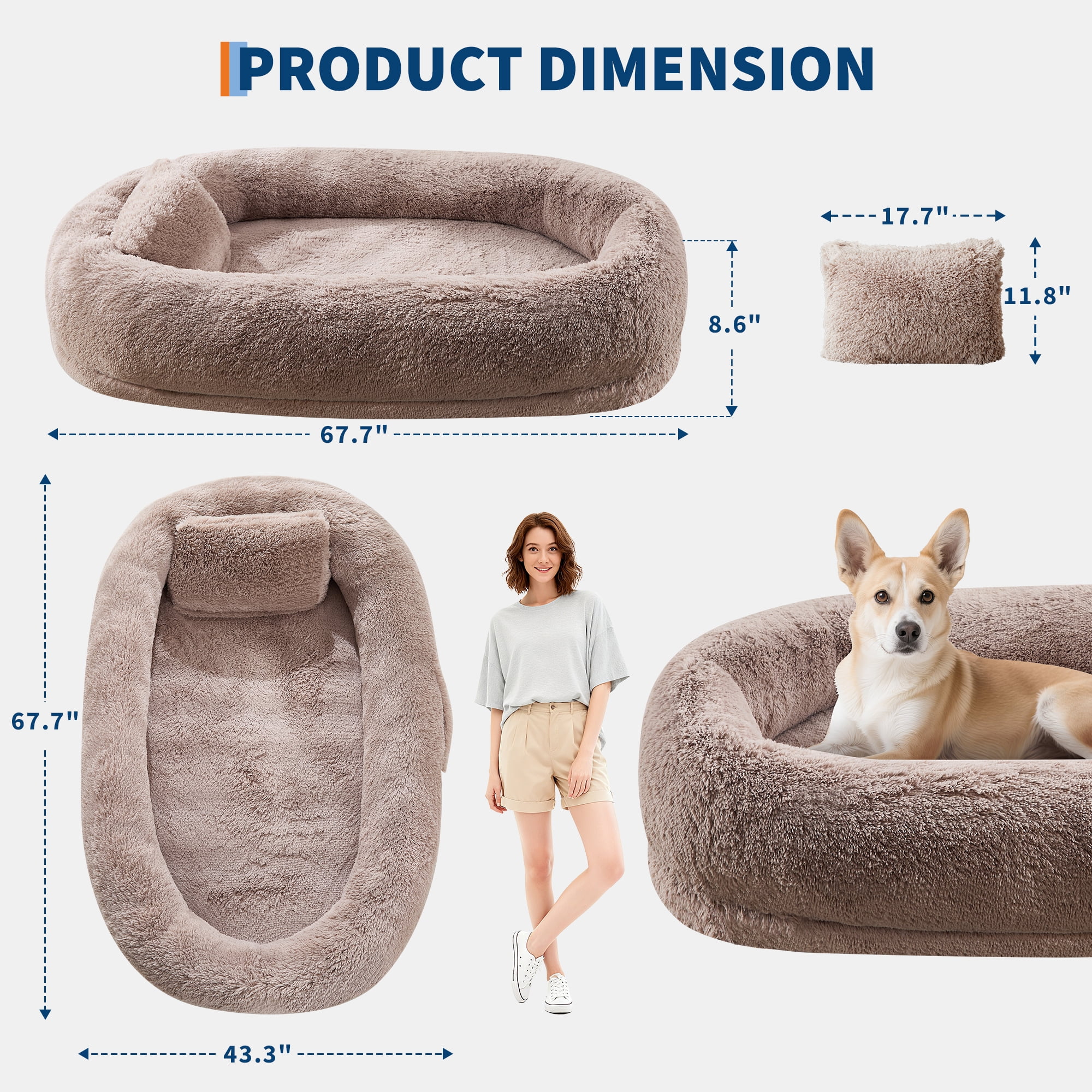 Orthopedic Soft Faux Fur Human Dog Bed for Adults and Pets, Large 67"x43"x8" Lounger Bed with Plump Pillow, Side Pocket and Fix Strap, Washable Design No Assembly Required, Cozy Bed for Bedroom