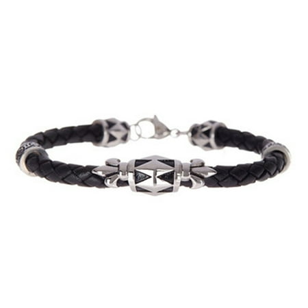 Arista Men's Bracelet in Black Leather and Stainless Steel, 8"