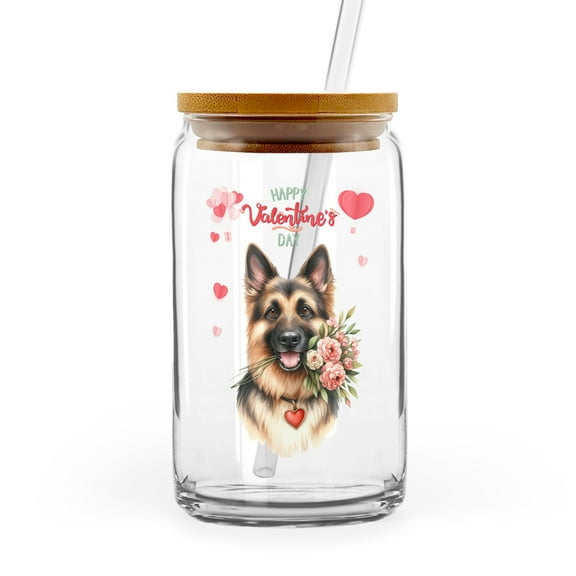 Happy Valentine's Day German Shepherd holding flowers 16oz Glass Cup Mug Alsatian Dog Lover Gifts Glass Can with Bamboo Lid and Straw - 3005
