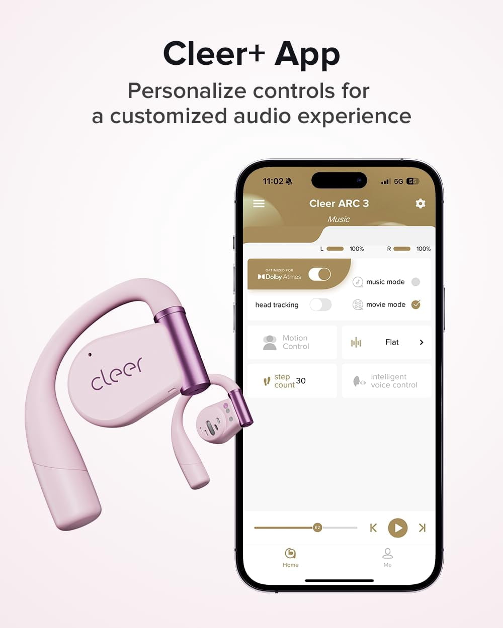 Cleer ARC3 Open Ear True Wireless Earbuds, IPX7 Water Resistant, Secure Earhooks, Built-in Microphone, Pink