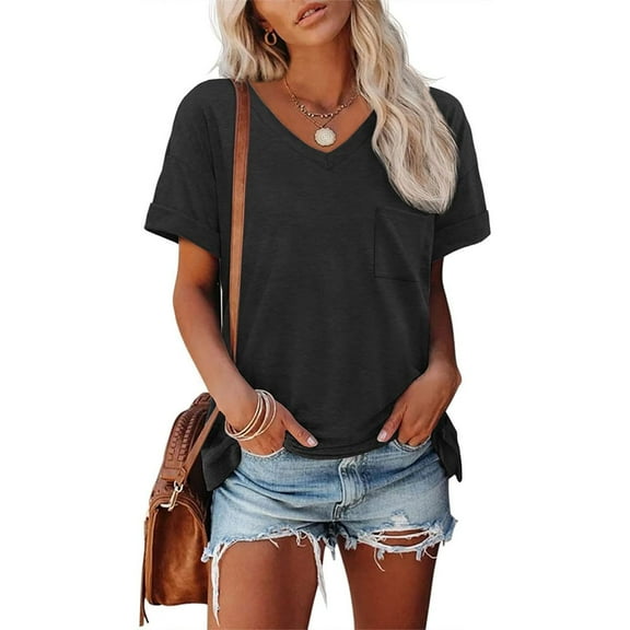 New Women V Neck Short Sleeve Solid Loose T-shirts Summer Fashion Female Pocket Streetwear Tee Tops