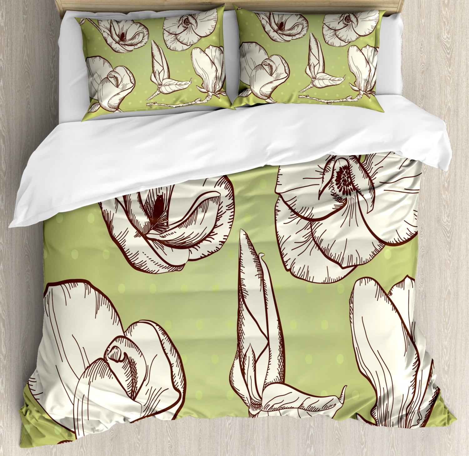Magnolia Queen Size Duvet Cover Set, Sketched Design of Buds Greenish