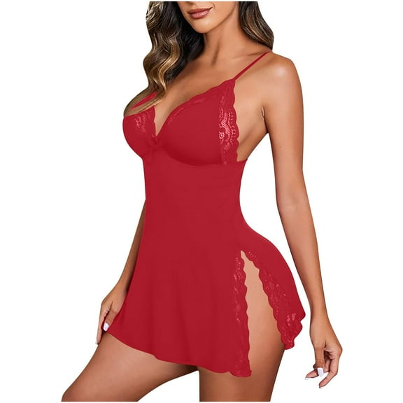 hotojiny Women's Satin Nightgown Spaghetti Strap Lace Side Slit Mini Nightdress Fashion Bridal Babydoll Sleep Dress Sleepwear