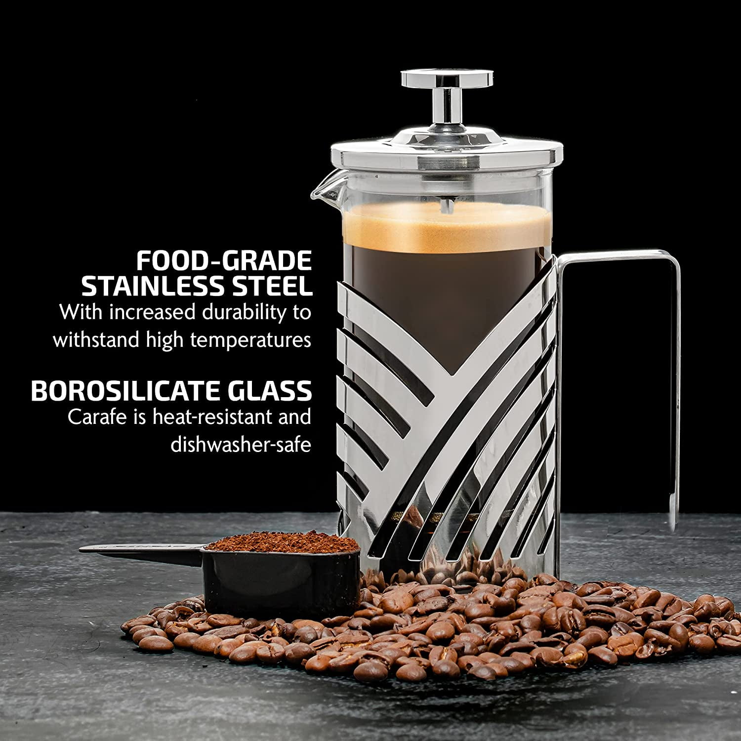OVENTE French Press Coffee Maker 12 Ounce with Heat Resistant Borosilicate Glass, Stainless Steel Design and 4-Level Filter System, Portable Cold Brewer Pot for Travel, Camping or Gift, Silver FSD12P