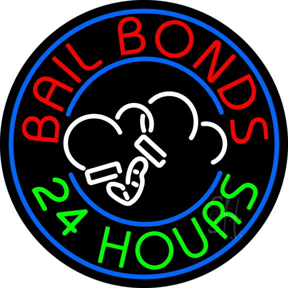 Round Bail Bonds 24 Hours LED Neon Sign 26 x 26 - inches, Black Square Cut Acrylic Backing, with Dimmer - Bright and Premium built indoor LED Neon Sign for Defence Force.