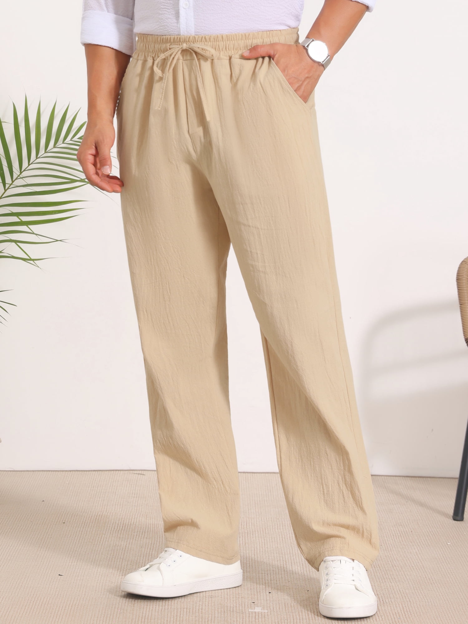 DARING DIVA Men's Beach Pants Drawstring Waist Breathable Summer Linen Pants 36 Khaki