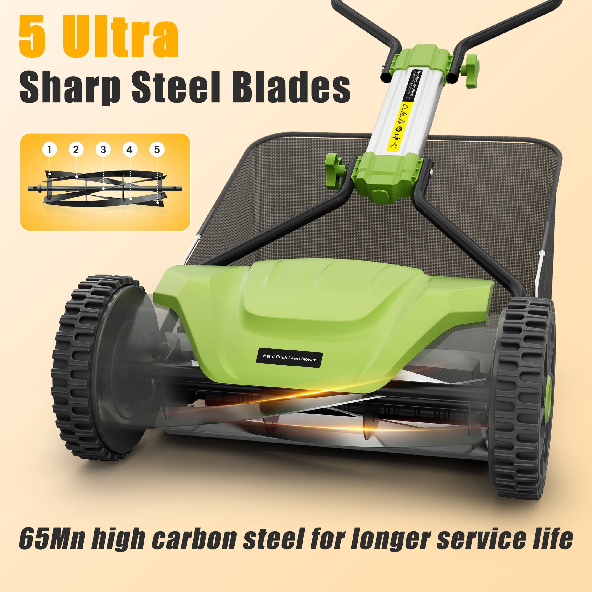 Naipo Push Reel Lawn Mower, 16-in 5-Blade for 6 Height Adjustable(0.6~1.6) Manual Lawn Mower with 8-Gallon Grass Bag, for Small Lawns, Green