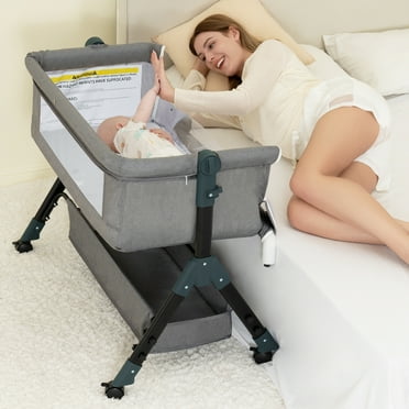 Infant Bassinet Crib,Single-sided Detachable 3 Adjustable-Height Bedside Beds Foldable Baby Crib,for 0-18 Months-Light Gray