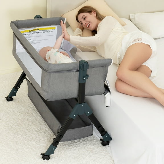 Infant Bassinet Crib,Single-sided Detachable 3 Adjustable-Height Bedside Beds Foldable Baby Crib,for 0-18 Months-Light Gray