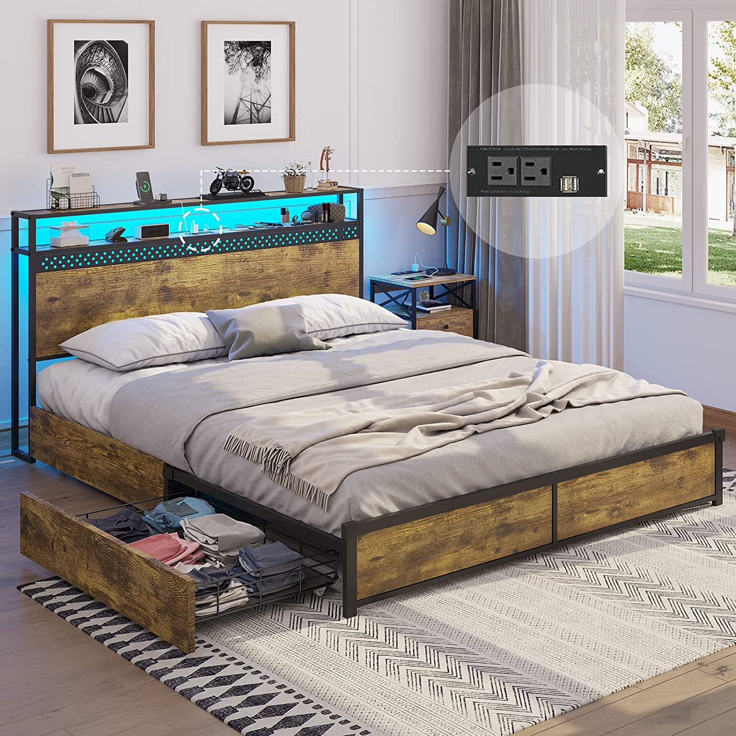 ADORNEVE Full Bed Frame with 2Tier Storage Headboard and 4 Drawers