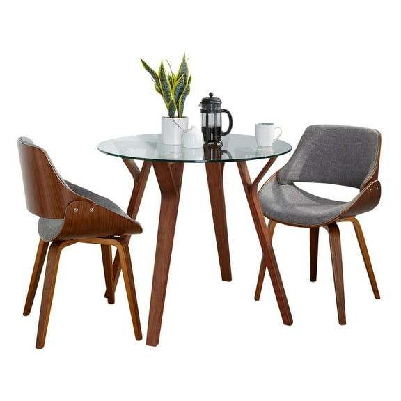 LumiSource Walnut Wood, Clear Glass, Grey Fabric Folia Round Fabrizzi Dining Set - 3 Piece
