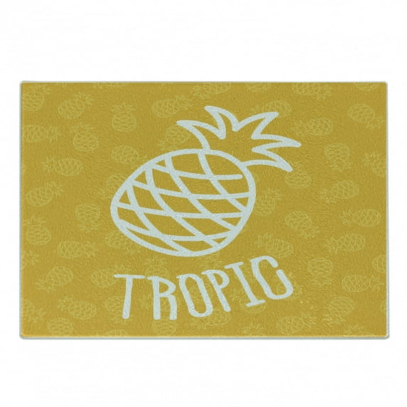 Yellow Cutting Board, Little Tropical Exotic Pineapples Hawaiian Fun Summertime Seasonal, Decorative Tempered Glass Cutting and Serving Board, Small Size, Yellow White, by Ambesonne