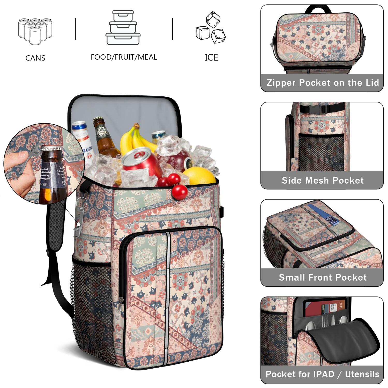 Travel Cooler Bag - Boho Bohemia Flower Camping Beer Cooler Backpack with Bottle Opener- Waterproof Insulated Picnic Backpacks - Cooler Bag for Beach
