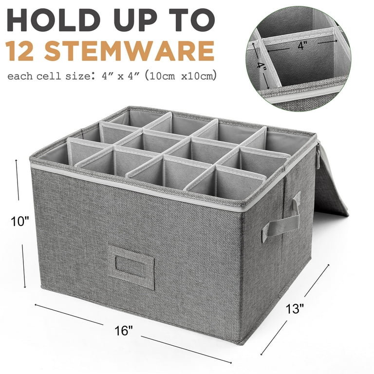 LotFancy Stemware Storage Container Quilted Linen Stackable Wine Glass Storage Box Hard Shell Grey