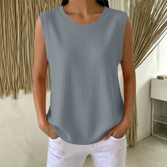 Mifsaly Womens Ribbed Sleeveless Tank Tops Casual Crewneck Muscle Shirts Summer Loose Fit Basic Activewear Undershirts Gray,XXL
