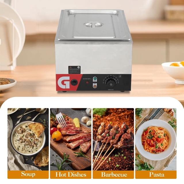 Yiwa Réchaud Alimentaire Commercial en Acier Inoxydable 24 Qt, Table Vapeur Électrique avec Température Réglable, Couvercle et Robinet, Protection contre la Combustion à Sec, 120 V 1200 W**