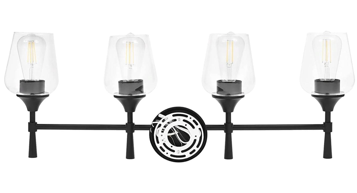 Sunset Lighting Black Vanity Light for Bathroom | Wall Mount Fixture for Over Mirror and Above Sink with Clear Glass Shades 4-Light F27014-31