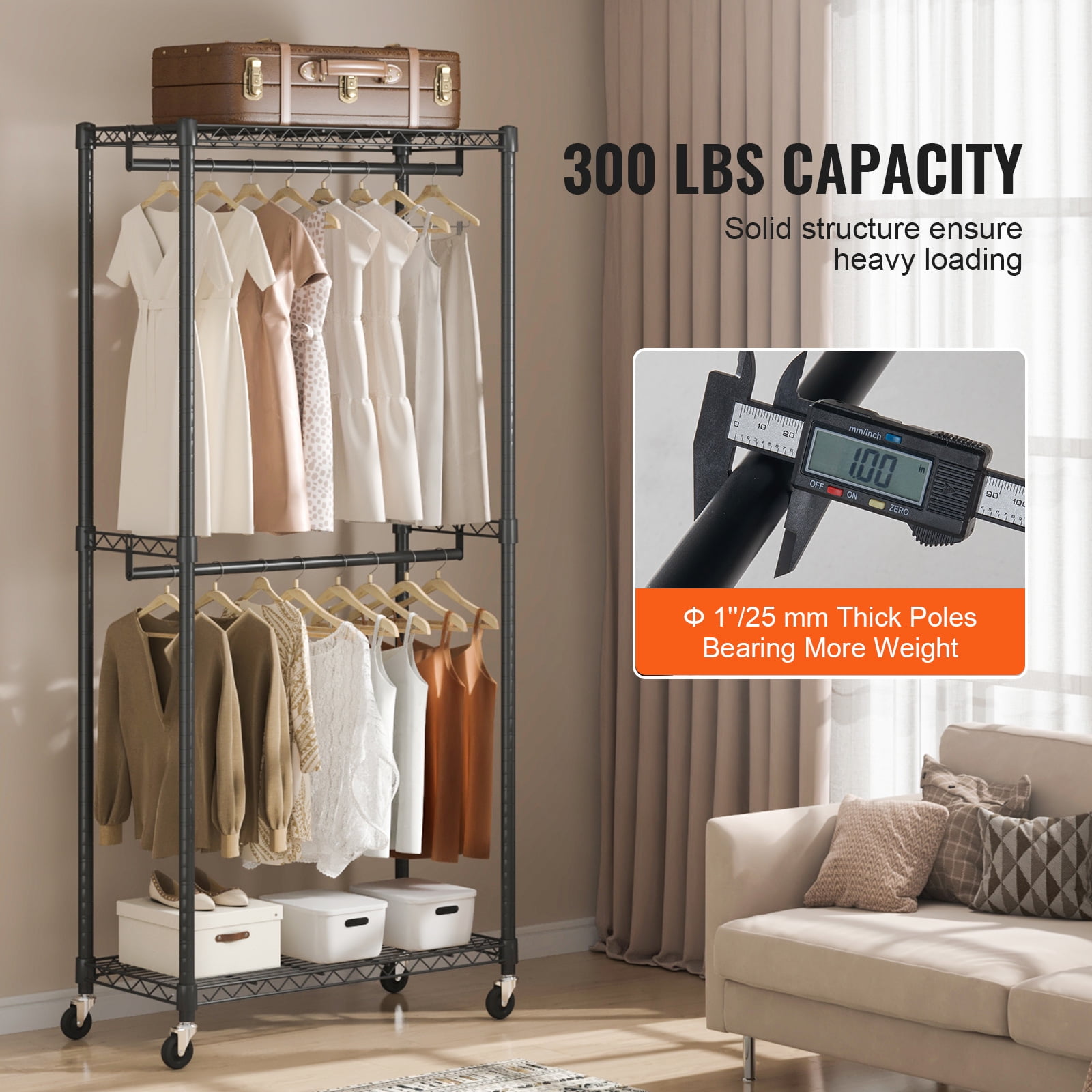 VEVOR Clothes Rack 300 lbs Double Hanging Garment Rack with Wheels Heavy Duty Rolling Clothing Garment Rack 36in W x 17.7in D x 80.3in H Black