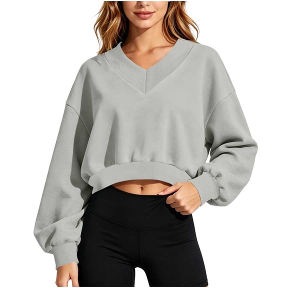 VEKDONE Womens Solid Color Cropped Sweatshirts Drop Shoulder Long Sleeve V-Neck Pullover Fall Loose Fit Comfy Y2K Tops Outdoor Workout Crop Sweatshirt Gray L