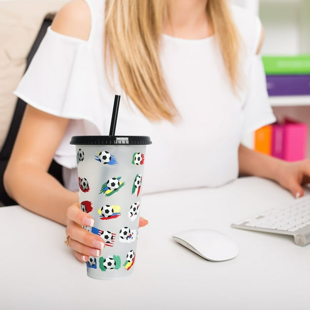 Cqxid Glass&Bottle Under $5 Creative Water Cup Football Cup PP Plastic Straw Cup Football Plastic Transparent Straw Cup 710ml Cold Change Temperature Sensitive Plastic Cup