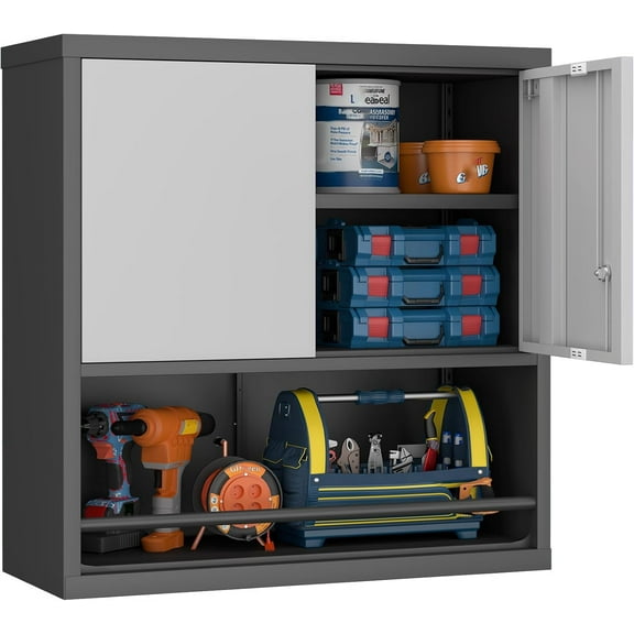 GREATMEET 31" H Metal Garage Storage Cabinets,Wall Cabinet Storage,Lockable Wall Mount Cabinet for Garage Office Utility Room, Black&Grey