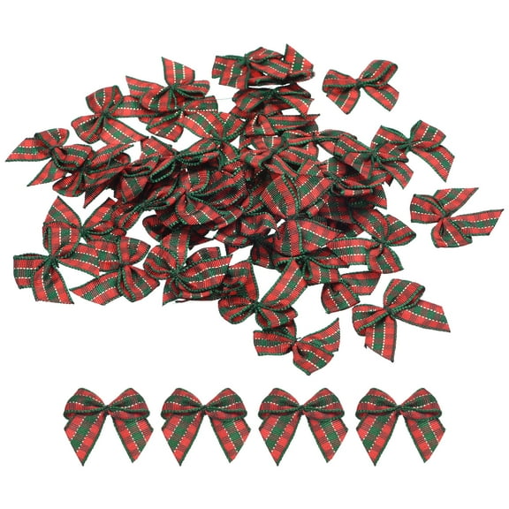 Uxcell 50Pcs Mini Gingham Ribbon Bow 1" Checkered Fabric Satin Ribbon Bows for Craft Bow Sewing Deep Red Green