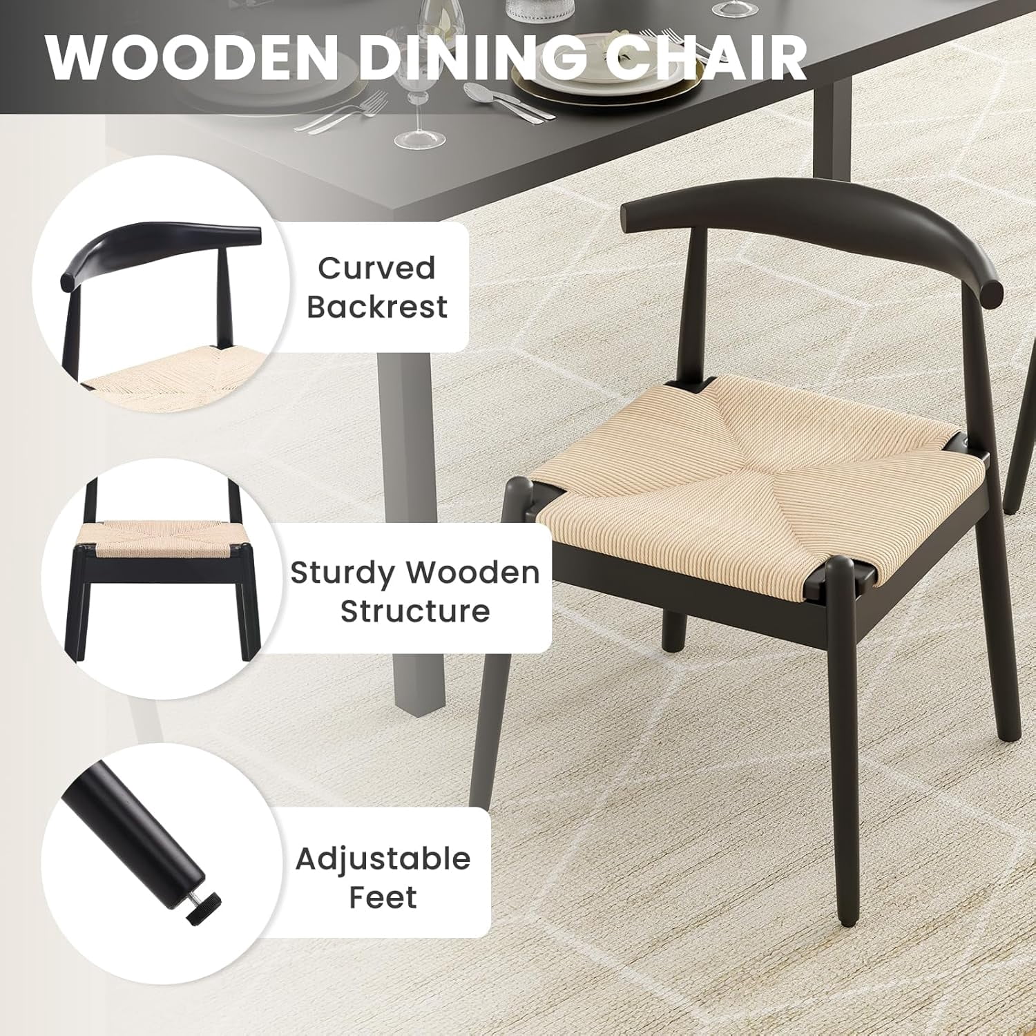 Farini Mid-Century Dining Chairs Set of 4, Solid Wood Frame & Woven Leather Seats, Black-Beige