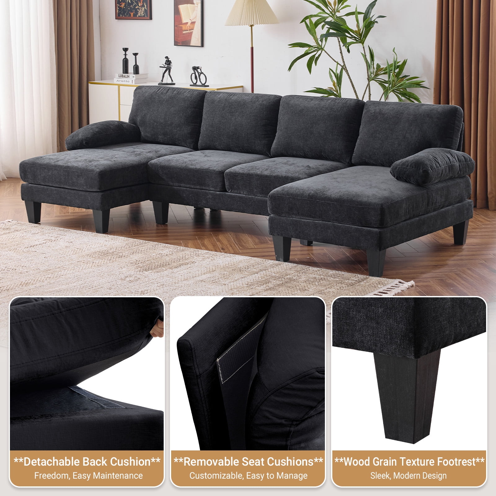 Ktaxon U-Shaped Sectional Sofa, 111"  Chenille Couch, 4 Seat Lounge Sleeper with Double Chaise for Living Room Black
