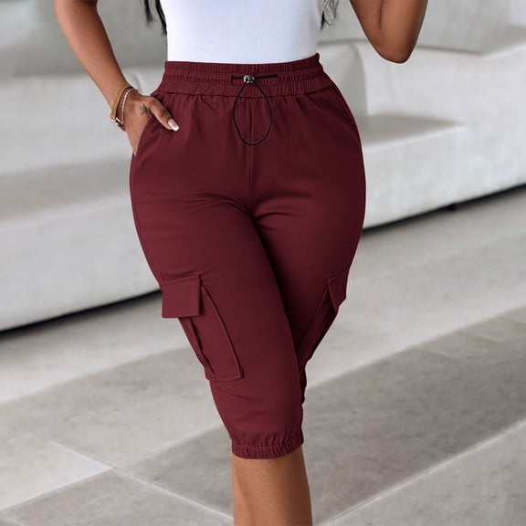 Cheytotty Womens Cargo Capris, High Waist Drawstring Knee Length, Flap Pockets Summer Wine XL
