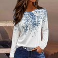 thumbnail image 2 of WTOBBY Women's Fashion Casual Slit Hem Floral Print Round Neck Long Sleeve T-Shirt Top, Ladies Comfortable Blouse with Stylish Design for Relaxed Everyday Wear,Light Blue XL, 2 of 5