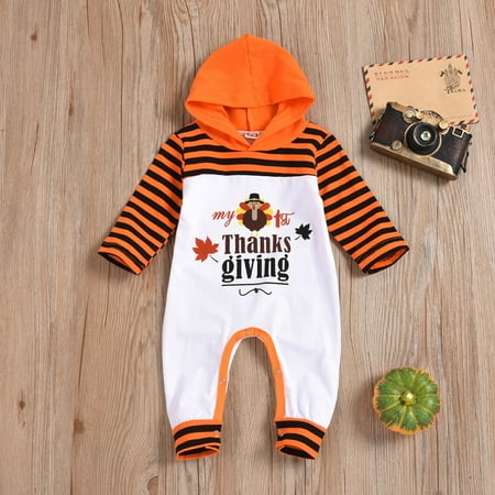 

DAETIROS Skin Friendly Thanksgiving Newborn Baby Long Sleeve Striped Printed Hoodie Romper Jumpsuit Orange