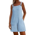 thumbnail image 3 of Jinhomg Linen Rompers for Women Adjustable Strap Summer Loose Bib Overalls Sleeveless Casual Shorts Jumpsuit with Pockets Light Blue M, 3 of 10