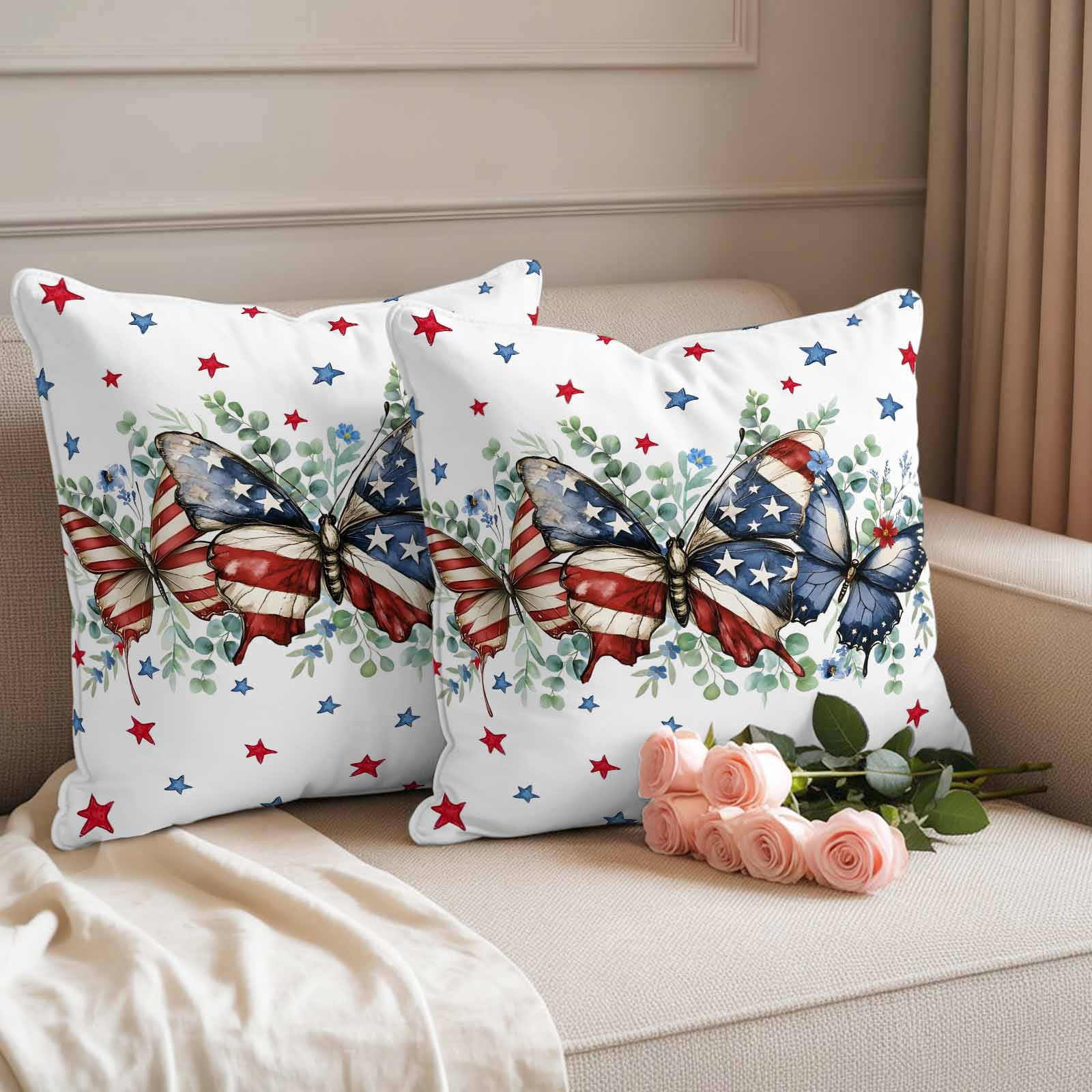 Waterproof Throw Pillow Covers 16x16 Set of 2, Patriotic Butterfly American Flag Theme Outdoor Pillowcases Invisible Zipper, Red White Blue Stars Decorative Cushion Covers for Patio Garden Sofa Couch