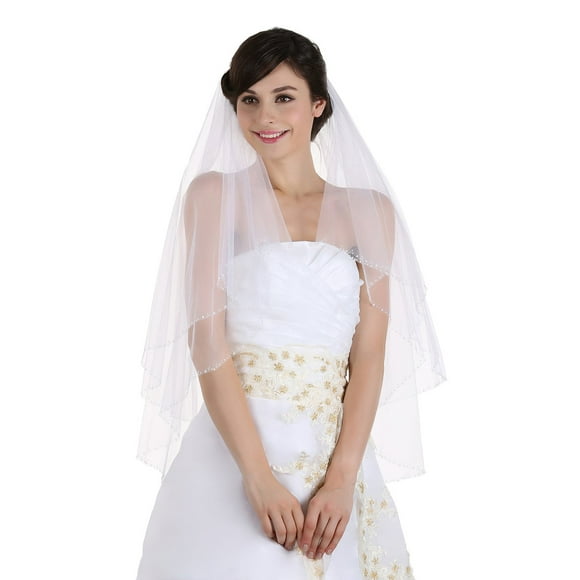 SAMKY Voile de Mariage à Deux Niveaux Bord Perlé en Cristal - Blanc Longueur des Doigts 36 Pouces V014