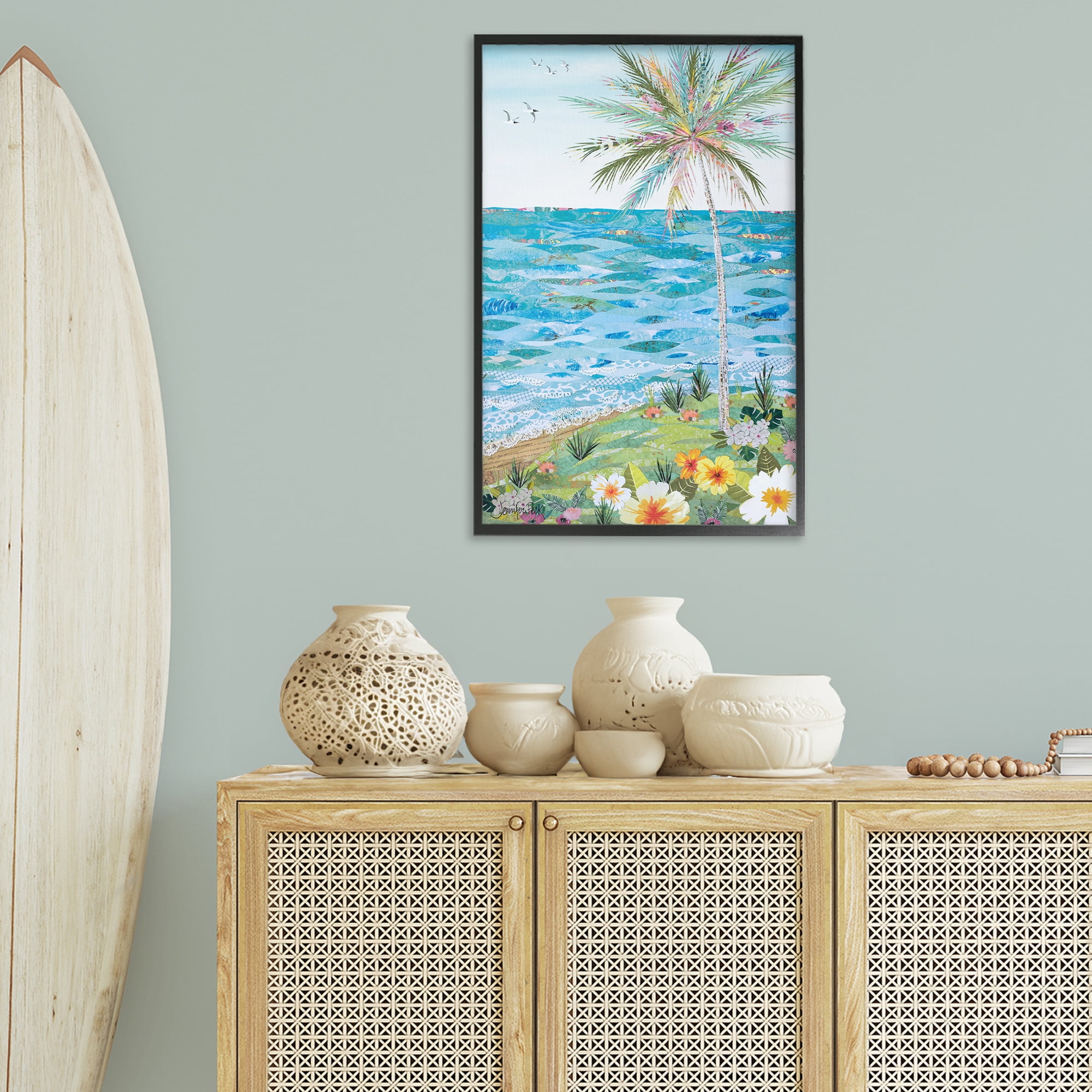 Stupell Industries Collaged Tropical Landscape Landscape Painting Black Framed Art Print Wall Art, 20 x 30