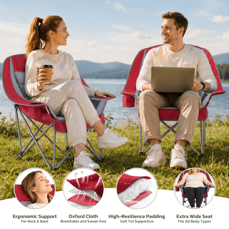 Simple Deluxe Extra Oversized Outdoor Foldable Camping Chair, with Cup Holder and Carrying Bag, Camping Chair with 500lbs Capacity and Sturdy Material, Suitable for Beaches, Hiking and Camping, Red