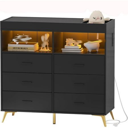 Huisuilinss Changing Table Dresser Baby Dresser with 6 Drawers and 2 Shelves Baby Changing Table Dresser with LED Lights Nursery Dresser Diaper Changing Station Baby Dresser with Changing Table Top