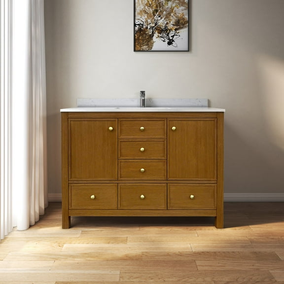 MEDUNJESS 48" Premium Single Sink Bath Vanity Cabinet in Brown Oak with Calacatta Marble Countertop & Faucet Hole