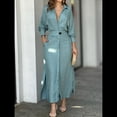 thumbnail image 4 of Vestido Maxi Informal de Otoño para Mujer, con Solapa, Abertura, Antiarrugas, y Bolsillos para Vacaciones Azul L, 4 of 5