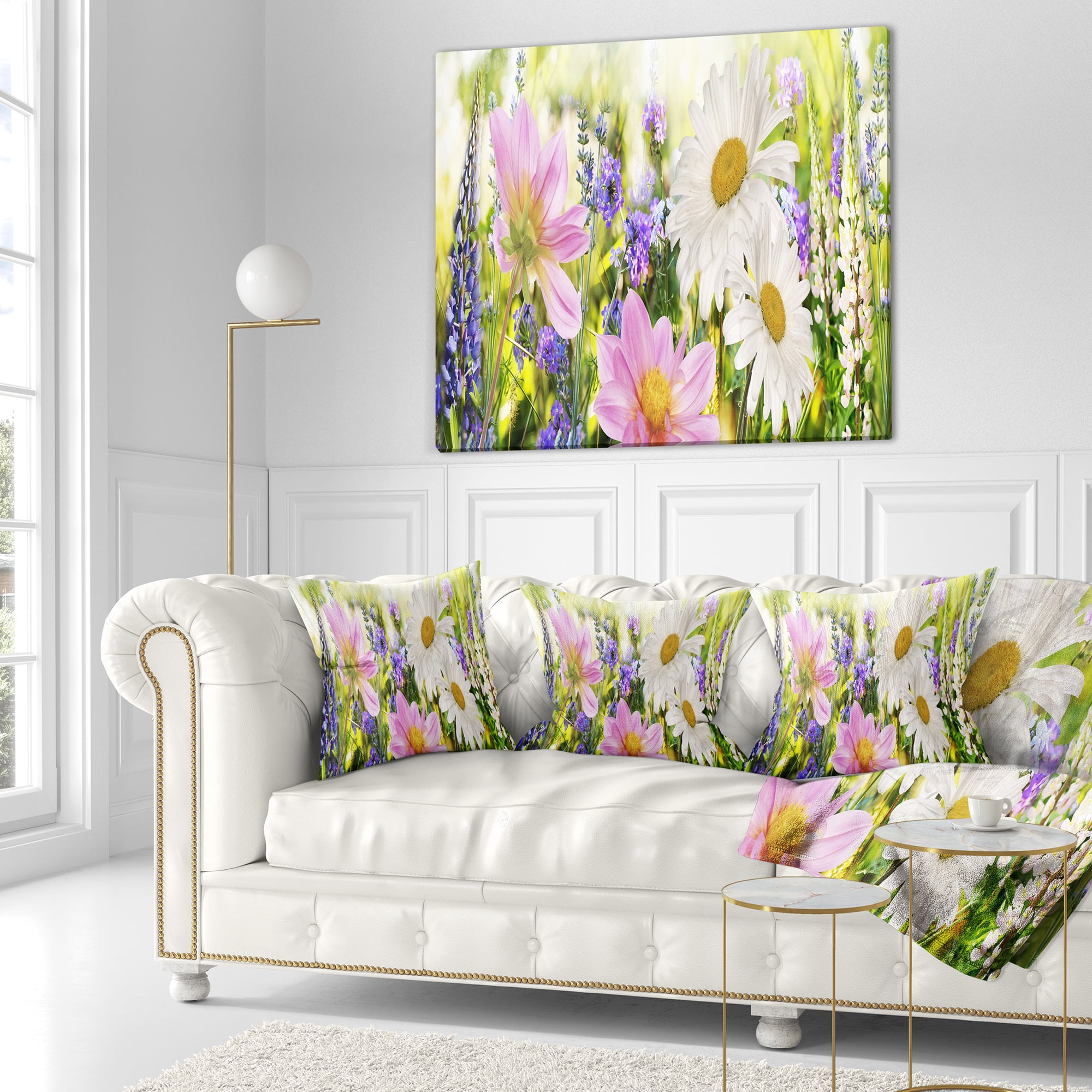 Designart Wild Flowers Field at Sunset - Floral Throw Pillow - 18x18