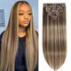 thumbnail image 1 of Extensiones de cabello con clip FIPOHIRA Balayage, de color marrón chocolate a rubio caramelo, cabello humano real de 18 pulgadas, 1 of 9