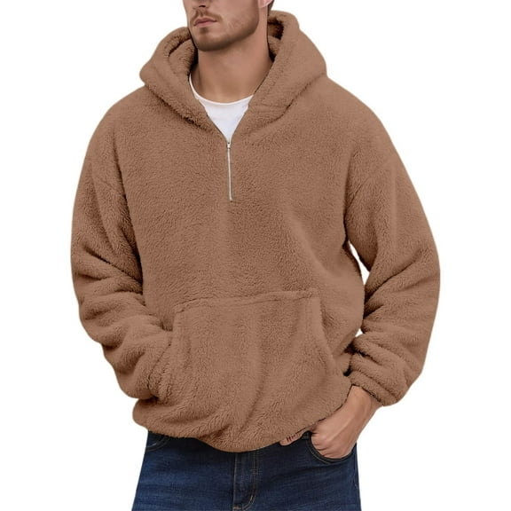 Mens Fuzzy Sherpa Hoodie Pullover Sweatshirts Loose Cozy Hooded Sweatshirts Khaki XXXXL