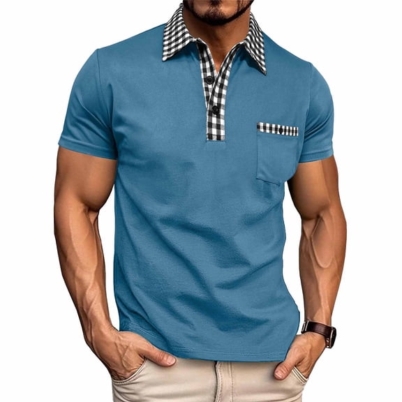 Gamivast Men's Short Sleeve Plaid Collar Shirts Contrast Trim Golf Tops Business Casual T-Shirt Moisture Wicking Breathable Soft Summer Work