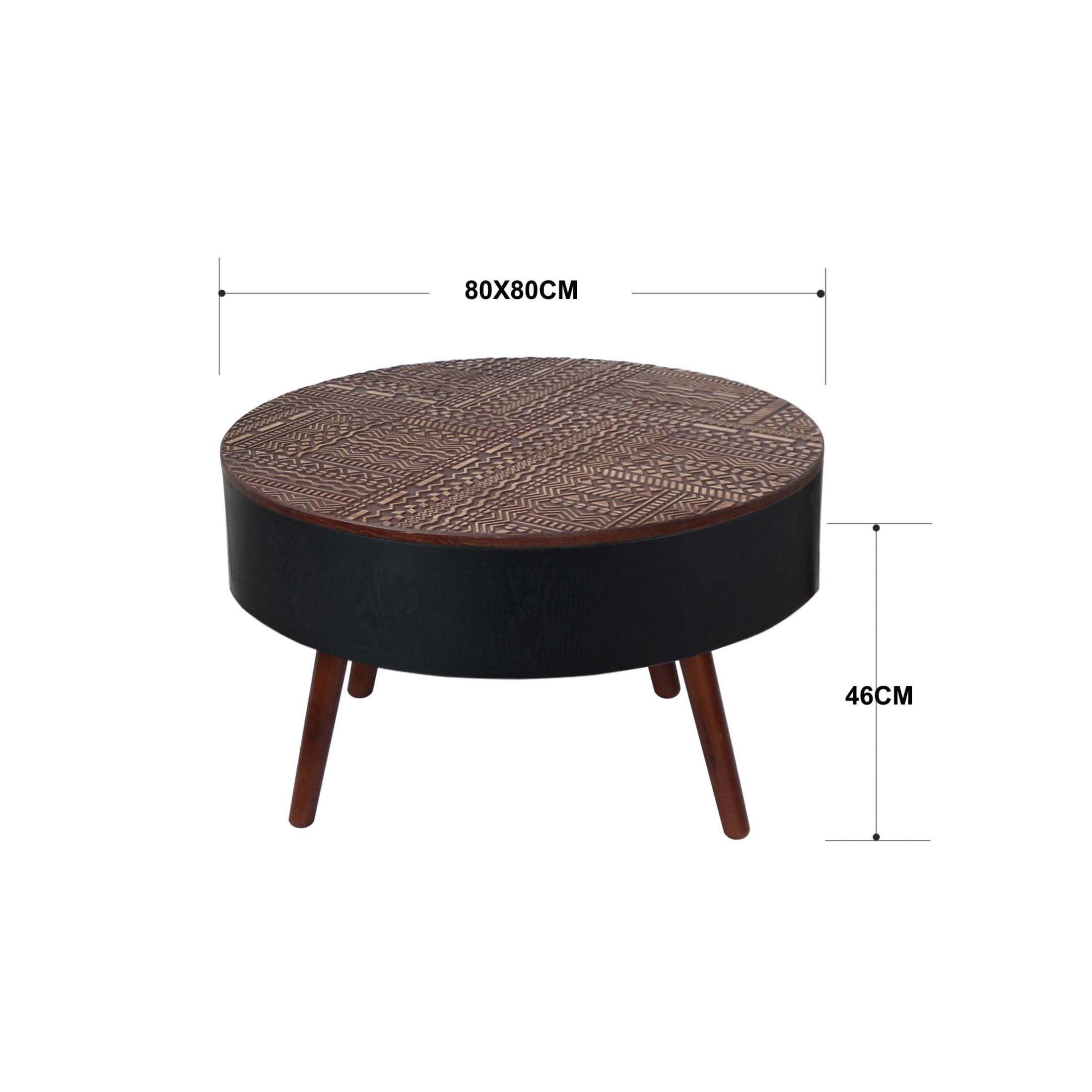 Noble House Tappen 31.5" Round Coffee Table with Engraved Top, American Wood Side Table for Small Spaces, Black