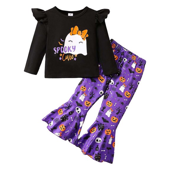 WeeBloom Halloween Toddler Girl Outfit Long Sleeve Hallowmas Pumpkin Print Tops And Pants 2Pcs Clothes Set For Children Clothes Outfits For Baby Girls,Purple 18-24 Months