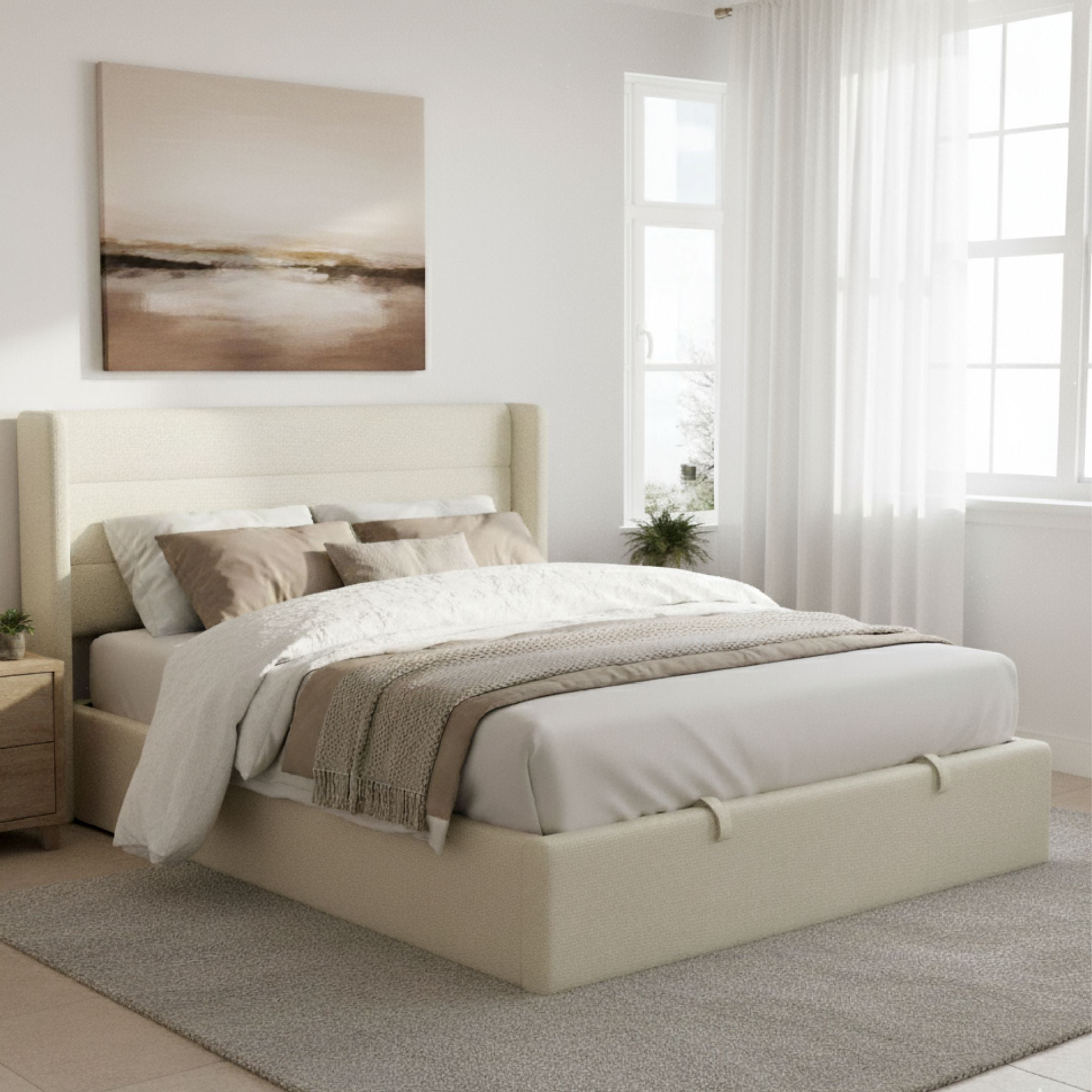 Aykah Zir Double Size Bed Frame with Storage, Upholstered Heaboard