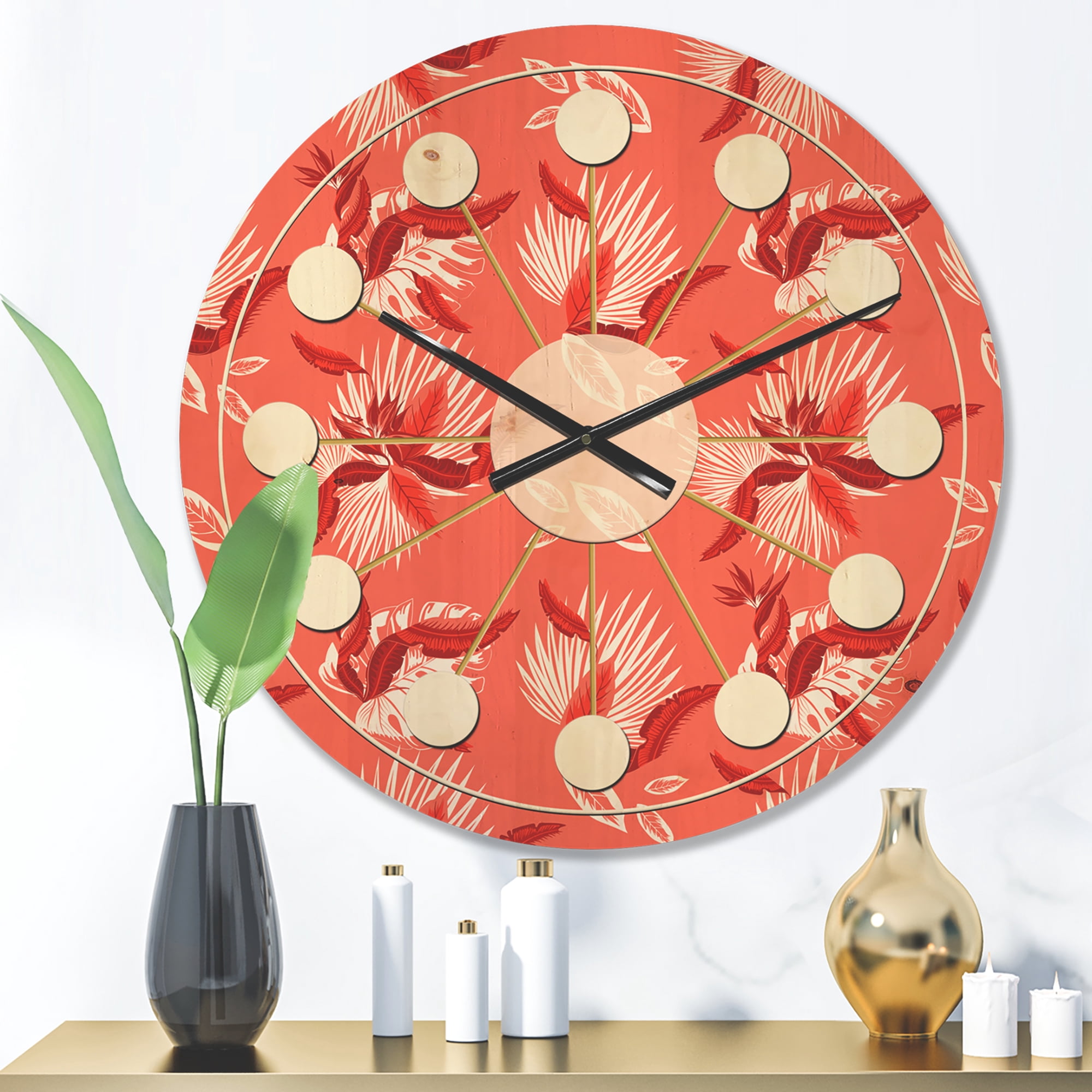 Designart 'Red Flowers Of Bird Of Paradise ' Mid-Century Modern Wood Wall Clock